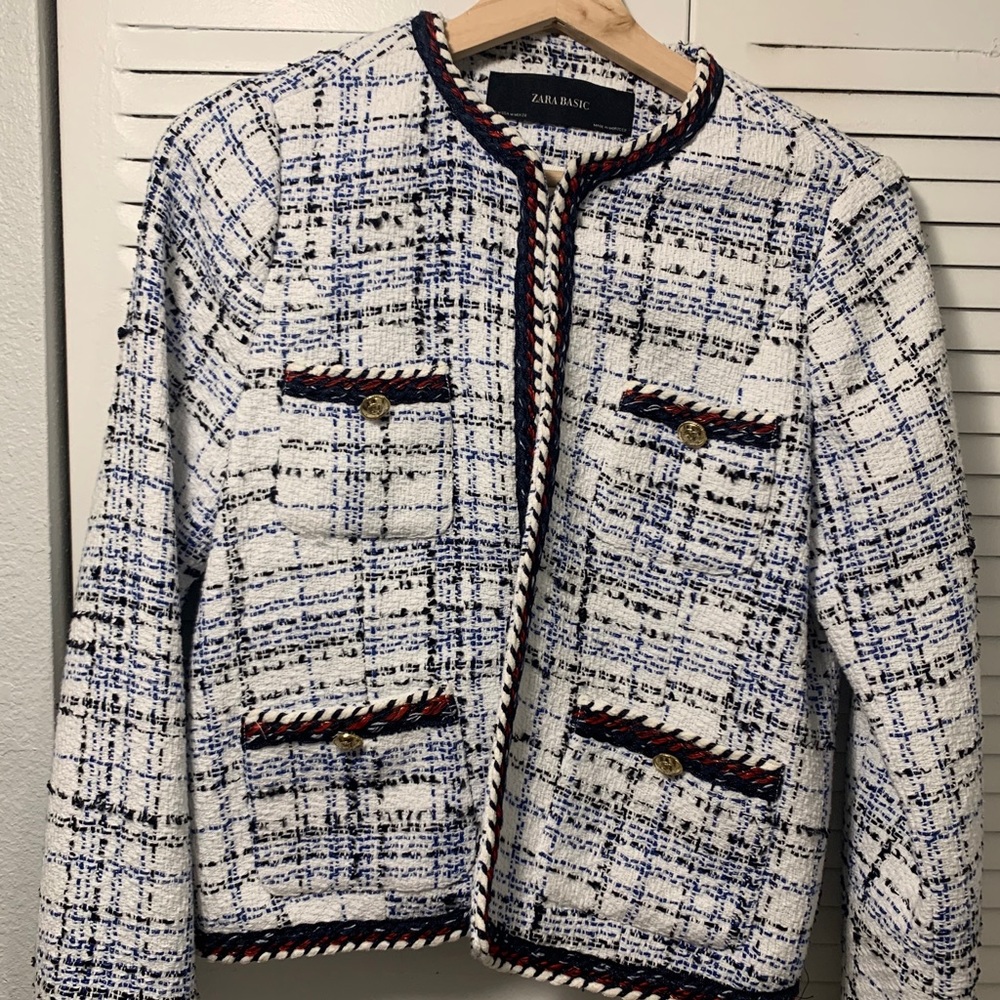 Zara white, blue, red tweed jacket size Medium